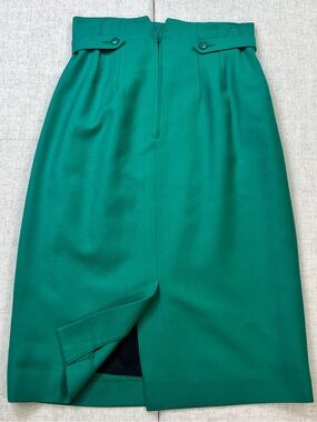 Vintage 80s Emerald Green Wool Pleated High Waist Pencil Midi Skirt Sz 12 / L